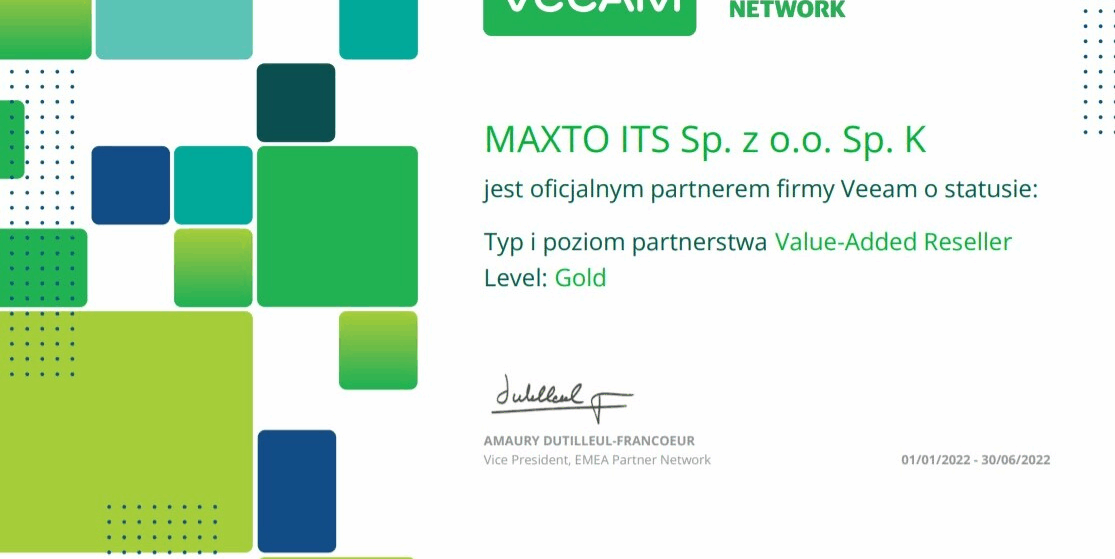 Maxto ITS złotym partnerem firmy Veeam 8 Maxto ITS złotym partnerem firmy Veeam - zdjęcie certyfikatu