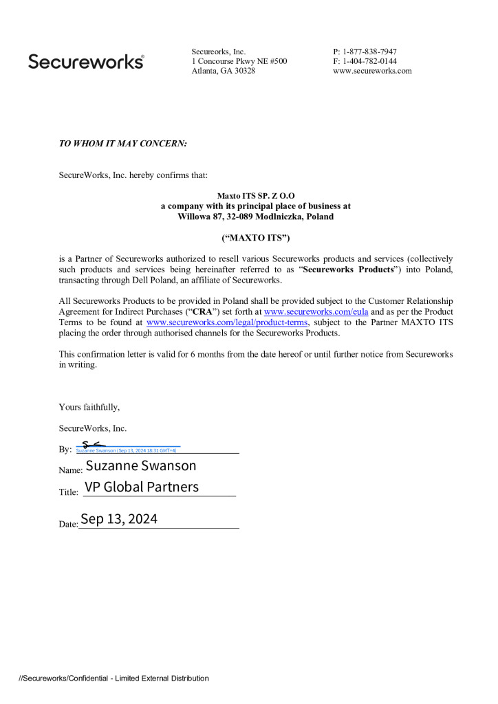 Maxto ITS partnerem Secureworks 9 List potwierdzający - Maxto ITS partnerem Secureworks